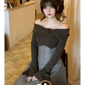 Autumn Winter Plaid Knitted Dr Women's Casual Slim Fit Long Sve One oulder Bows Splicing Dr Girl's Polyester Fiber - AliExpress Sweaters&Jumpers