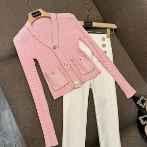 Ele Letter Metal Bule Knitted Top Long Sve V-Ne Open Cardigan Faionable Spring New Arrival F729 OL Sle Commute - AliExpress Sweaters&Jumpers