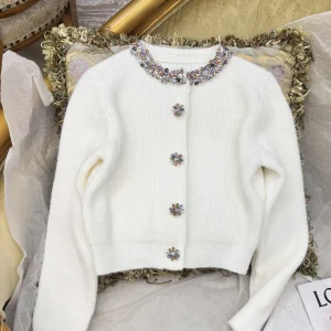 Autumn Winter New High-end Heavy Nail Drill Girl Knitted Cardigan French Fashion Long-sleeved Temperament White Sweater Coat - AliExpress Sweaters&Jumpers