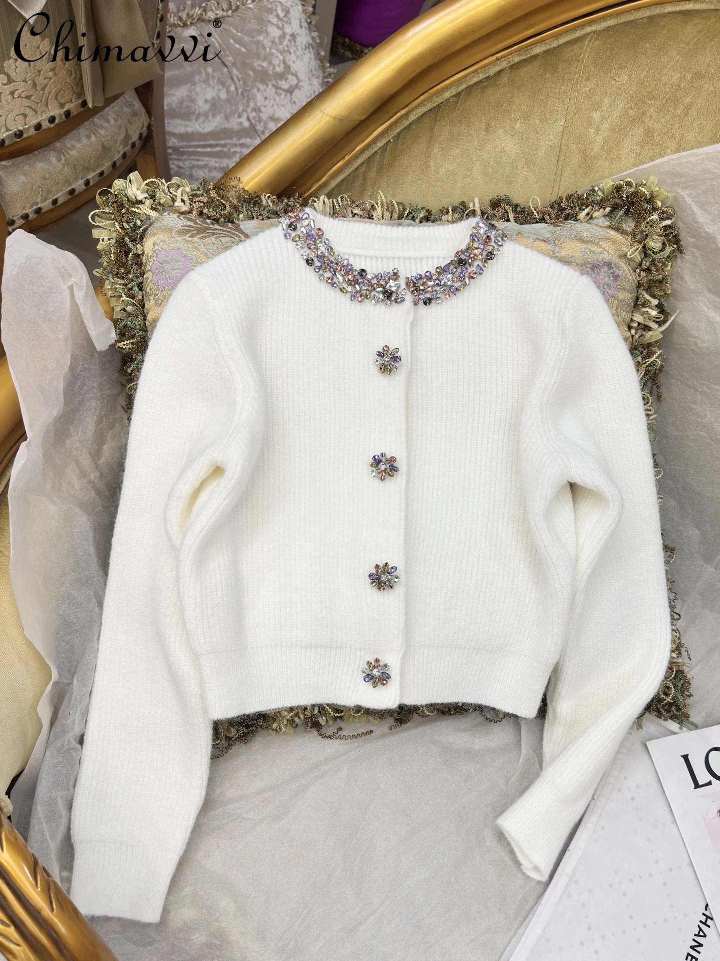 Autumn Winter New High-end Heavy Nail Drill Girl Knitted Cardigan French Fashion Long-sleeved Temperament White Sweater Coat - AliExpress Sweaters&Jumpers