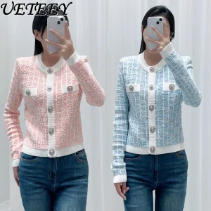 2025 Autumn Winter New Color-Block Round Neck Plaid Sweater Coat Elegant Fashion Versatile Short Cardigan Sweater Jacket Women - AliExpress Sweaters&Jumpers