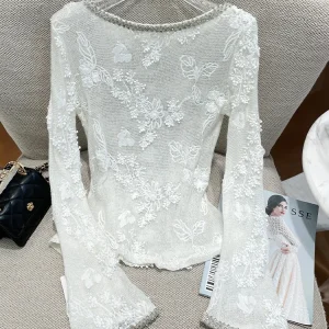 Heavy Industry Exquisite Flower Embroidery Diamond Temperament Long-sleeved Knitted Bottoming Shirt Round Neck Beaded Slim Tops - AliExpress Sweaters&Jumpers