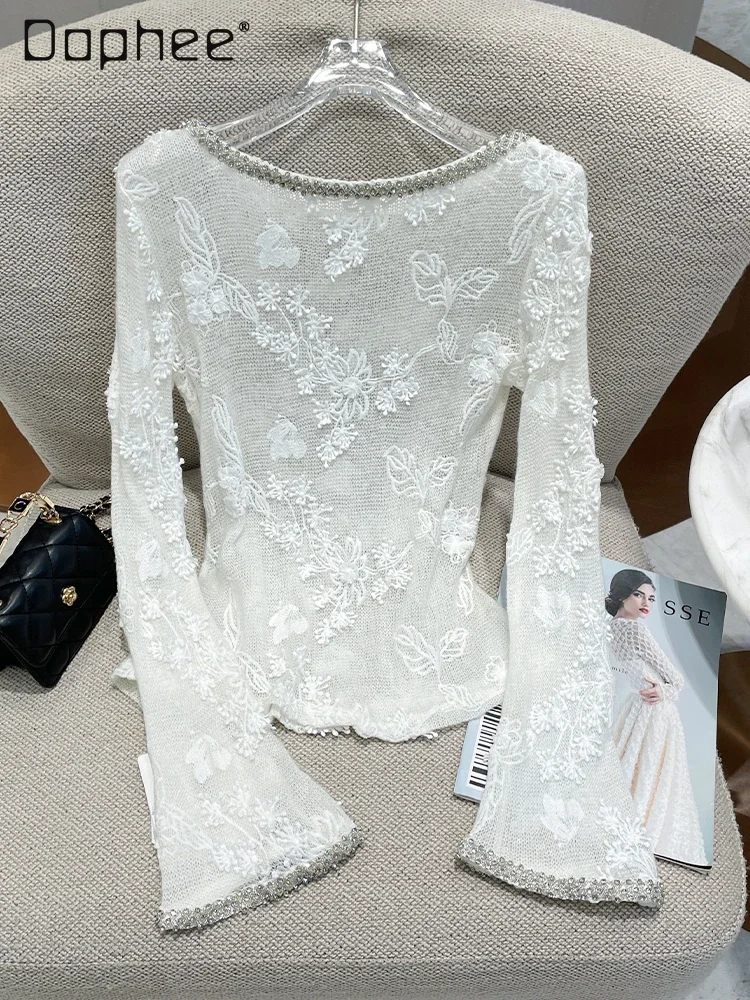 Heavy Industry Exquisite Flower Embroidery Diamond Temperament Long-sleeved Knitted Bottoming Shirt Round Neck Beaded Slim Tops - AliExpress Sweaters&Jumpers