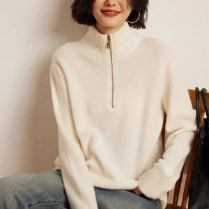 Chic Women's Zipper Mock Neck Cashmere Sweater Autumn Winter Soft Thick 100% Cashmere Knitted Pullover Casual Warm Cashmere Tops - AliExpress Sweaters&Jumpers