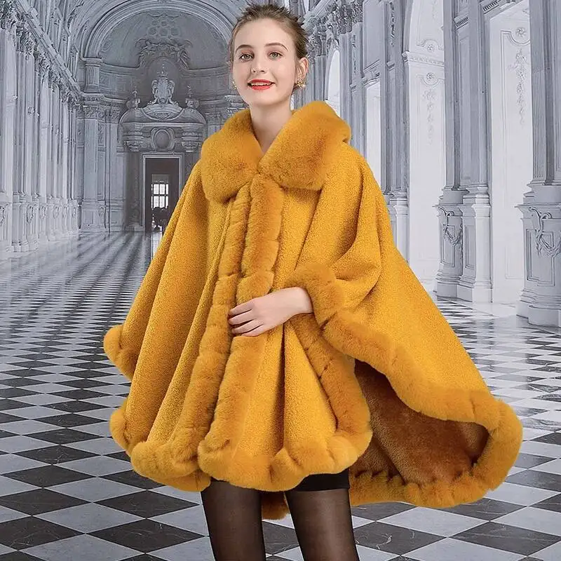 Noble Faux Rex Rabbit Fur Coat Cape Thick Soft Double Sides Imitated Lamb Wool Overcoat Wide Lapel Women Winter Cloak Big - AliExpress Sweaters&Jumpers