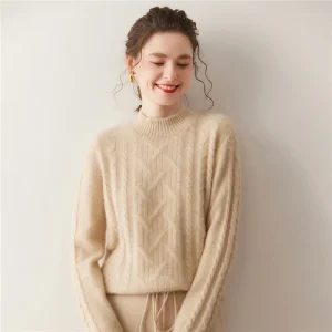 Vintage Autumn Winter Sweater Pullover Twist Flower 100% Cashmere Women Sweater Half High Collar Casual Basic Pullover Warm Knit - AliExpress Sweaters&Jumpers