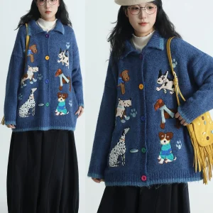 Women's Knitted Knitwear Animal Embroidery Oversized Open Cardigan Warmth Winter New Sle Japanese Artistic Turn-down Collar - AliExpress Sweaters&Jumpers