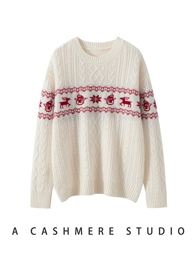 New Year's Clothing 100% Cashmere Sweater Pullover Women's Jacquard O-Neck Knit Soft Autumn Winter Office Casual Loose Warm Tops - AliExpress Sweaters&Jumpers