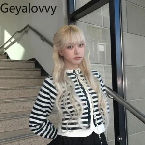 2026 Spring New Japanese Style Shirt Splicing Elegant Ribbon Long Sleeve Striped Knit Sweater Sweet Versatile Short Cardigan - AliExpress Sweaters&Jumpers
