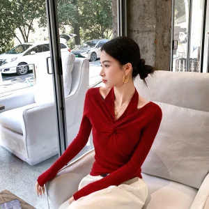 Binguo Pure Wool Red Knitted Neline Women's Top Casual Sle Spring New Design Breathable Comfortable Fit Long Sve irt - AliExpress Sweaters&Jumpers