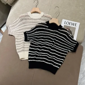 Spring women's hollow-out striped linen-cotton sparkling knitted short sleeved top - AliExpress Sweaters&Jumpers