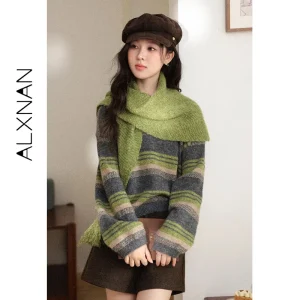 ALXNAN Women's Sweater Korean Trend Green Striped Pullover Autumn Winter Warm Loose-fit Jumper Ladies with Scarf Gift L60069 - AliExpress Sweaters&Jumpers
