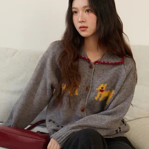 MISHOW Dog Cartoon Jacquard Knitted Cardigan for Women 2025 Loose Retro Turn-down Collar Casual Women's Sweaters MXE86Z2727 - AliExpress Sweaters&Jumpers