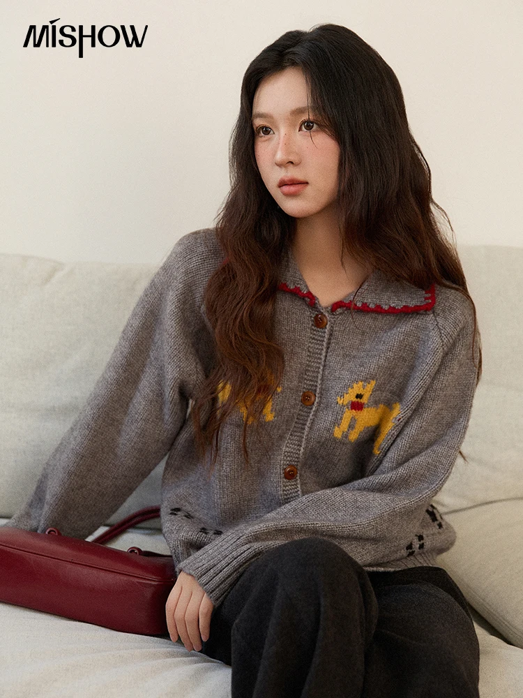 MISHOW Dog Cartoon Jacquard Knitted Cardigan for Women 2025 Loose Retro Turn-down Collar Casual Women's Sweaters MXE86Z2727 - AliExpress Sweaters&Jumpers