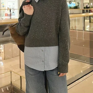 Faionable Detachable irt Collar Splice Diamond Decor Long Sve Fake Two-Piece Knitted Top Women Spring Season - AliExpress Sweaters&Jumpers