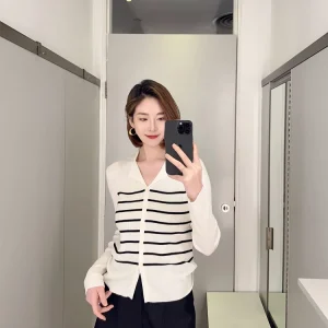 Spring 2024 New Arrival Slim Fit V-Ne Striped Knitwear Waist-Cinching Thin Top Air Conditioning irt Outerwear for Women - AliExpress Sweaters&Jumpers