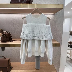 2025 Autumn Winter Niche Lady Chic Cold Shoulder Fake Two-Piece Sweater with Rhinestones - AliExpress Sweaters&Jumpers
