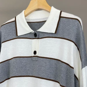 New Spring/Summer Linen Polo Collar Striped Color-Blocked Knit Long-Sleeved Top for Women - AliExpress Sweaters&Jumpers