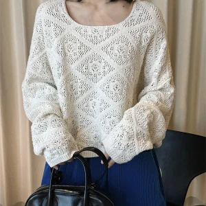 HanOrange 2026 Spring Simple Fashion Square Neck Hollow Knitted Hoodie Sweater Women Loose Silhouette Top White/Yellow - AliExpress Sweaters&Jumpers