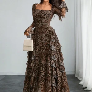 Women's Leopard Print Long Sleeve Ruffle Maxi Dress with Square Neckline - AliExpress Sweaters&Jumpers