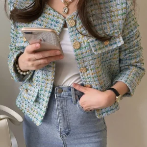 Ele Long Sve Knitted Outerwear with Mixed Color Yarn And Single Row Gold Bule Autumn Faion Small Fraance Sle - AliExpress Sweaters&Jumpers