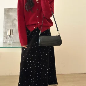 SweetAnnie Spring 2026 Red New Year Women's Knitted Fce Lined Hollow out Cardigan And Polka Dot  Skirt Set Casual Sle - AliExpress Sweaters&Jumpers