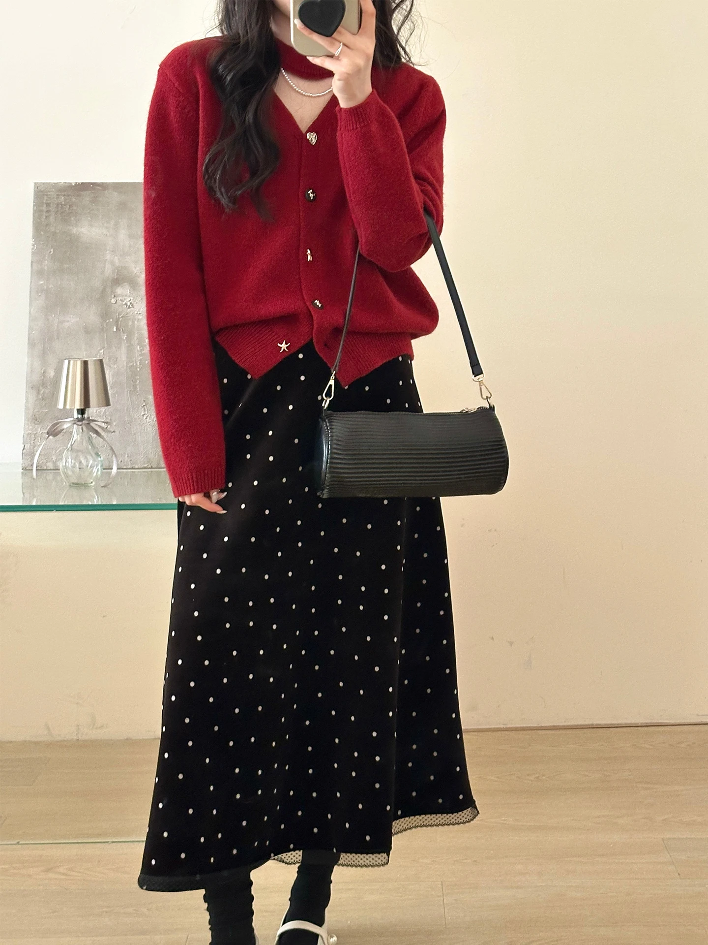 SweetAnnie Spring 2026 Red New Year Women's Knitted Fce Lined Hollow out Cardigan And Polka Dot Skirt Set Casual Sle - AliExpress Sweaters&Jumpers