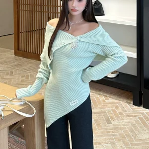 IcyNude Women's Slim Fit Knitwear een Asymmetrical oulder Large Collar Autumn New Sle Long Sve High Collar Top - AliExpress Sweaters&Jumpers