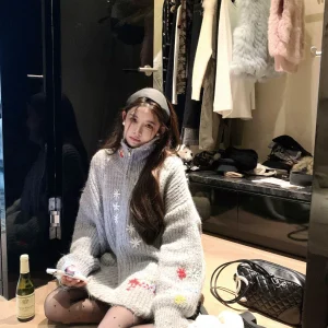 Okaaay Mis Candy Oversized High Ne Knitted Cardigan Autumn Winter Lazy Loose Stitching Long Sve Zipper Closure Sweater - AliExpress Sweaters&Jumpers