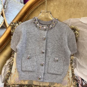Autumn New Heavy Beaded Collar Round Neck Slim Fit Short Sleeve Knitted Cardigan Fashion Loose Elegant Women's Sweater Jacket - AliExpress Sweaters&Jumpers