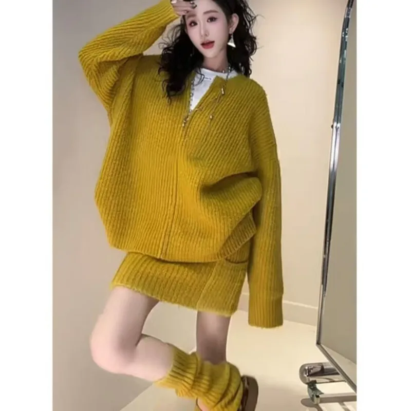 Korean Fashion Minimalist Women's Autumn and Winter Sweater Jacket New Knitted Half Skirt Three Piece Set Trendy Female Clothing - AliExpress Sweaters&Jumpers