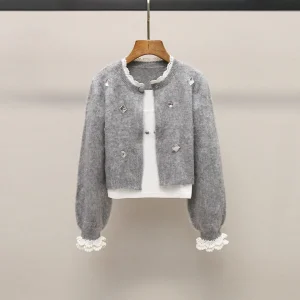 Soft ort Knitted Cardigan with Lace And Rhinestone Detail Two-Piece Set Casual Sle Women's Faion Autumn Collection - AliExpress Sweaters&Jumpers