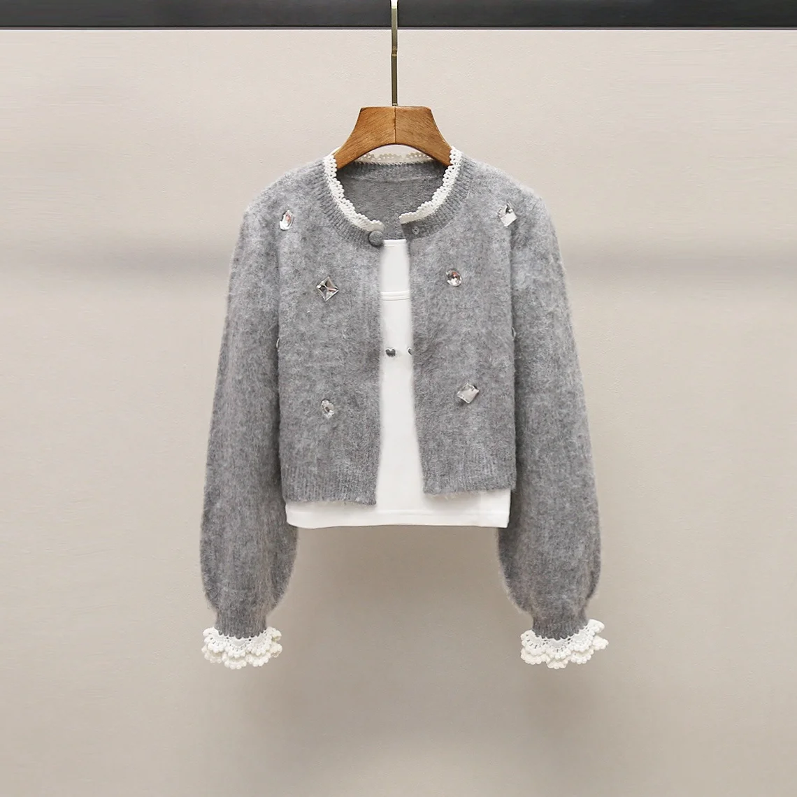 Soft ort Knitted Cardigan with Lace And Rhinestone Detail Two-Piece Set Casual Sle Women's Faion Autumn Collection - AliExpress Sweaters&Jumpers