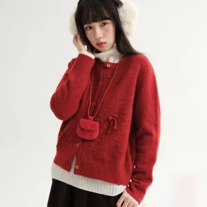 Bordeaux Poem Selected Wool Knitted Cardigan New Year Red  Knot Texture Soft Woolen Women's Casual Sle Knitwear - AliExpress Sweaters&Jumpers