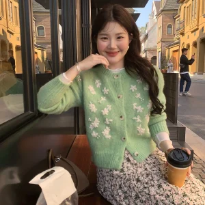 Korean Style Embroidered Heavy Work Knitted Sweater Women's Open Cardigan Soft Short Gentle Style Long Sleeve Winter Sweater - AliExpress Sweaters&Jumpers