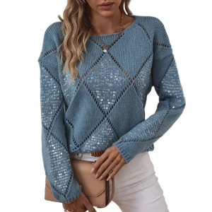 Fashion hollow sequined knitted sweater women's European and American cross-border diamond pullover loose sweater women - AliExpress Sweaters&Jumpers