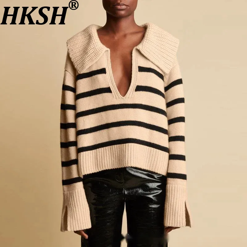 HKSH Spring Autumn New Women Striped Sweater Wool Cashmere Blend Design Niche V-neck Pullover Elegant Fashion Knitted Top HK3140 - AliExpress Sweaters&Jumpers