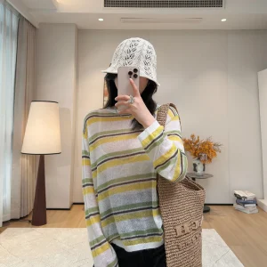 Loose Fit Woolen Knitted Long Sleeve round Neck T-Shirt for Women Yellow Striped Lightweight Breathable Casual Style Top - AliExpress Sweaters&Jumpers