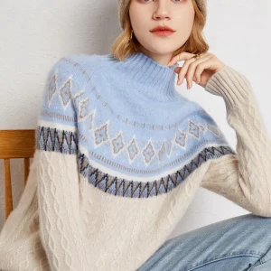 Fair Isle Jacquard Women's Cashmere Pullover Sweater Autumn Winter Mock Neck Thick Vintage 100% Cashmere Knitwear Clothing Tops - AliExpress Sweaters&Jumpers