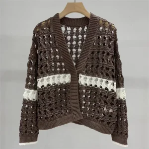 Cardigan woman New elastic knitted hollow out V-neck long sleeved top for summer 2025 Cotton blend striped thin coat knitwear - AliExpress Sweaters&Jumpers