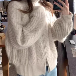 Women's Solid Color Wool Cardigan Loose Fit Collared Cable Knit Sweater Coat Zip-Up Base Layer Casual Knitwear - AliExpress Sweaters&Jumpers