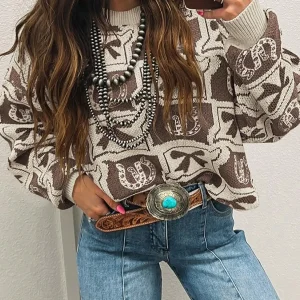 Women's Knit Pullover with Horseshoe & Bow Motif, Loose Fit, Winter Warm Sweater - AliExpress Sweaters&Jumpers