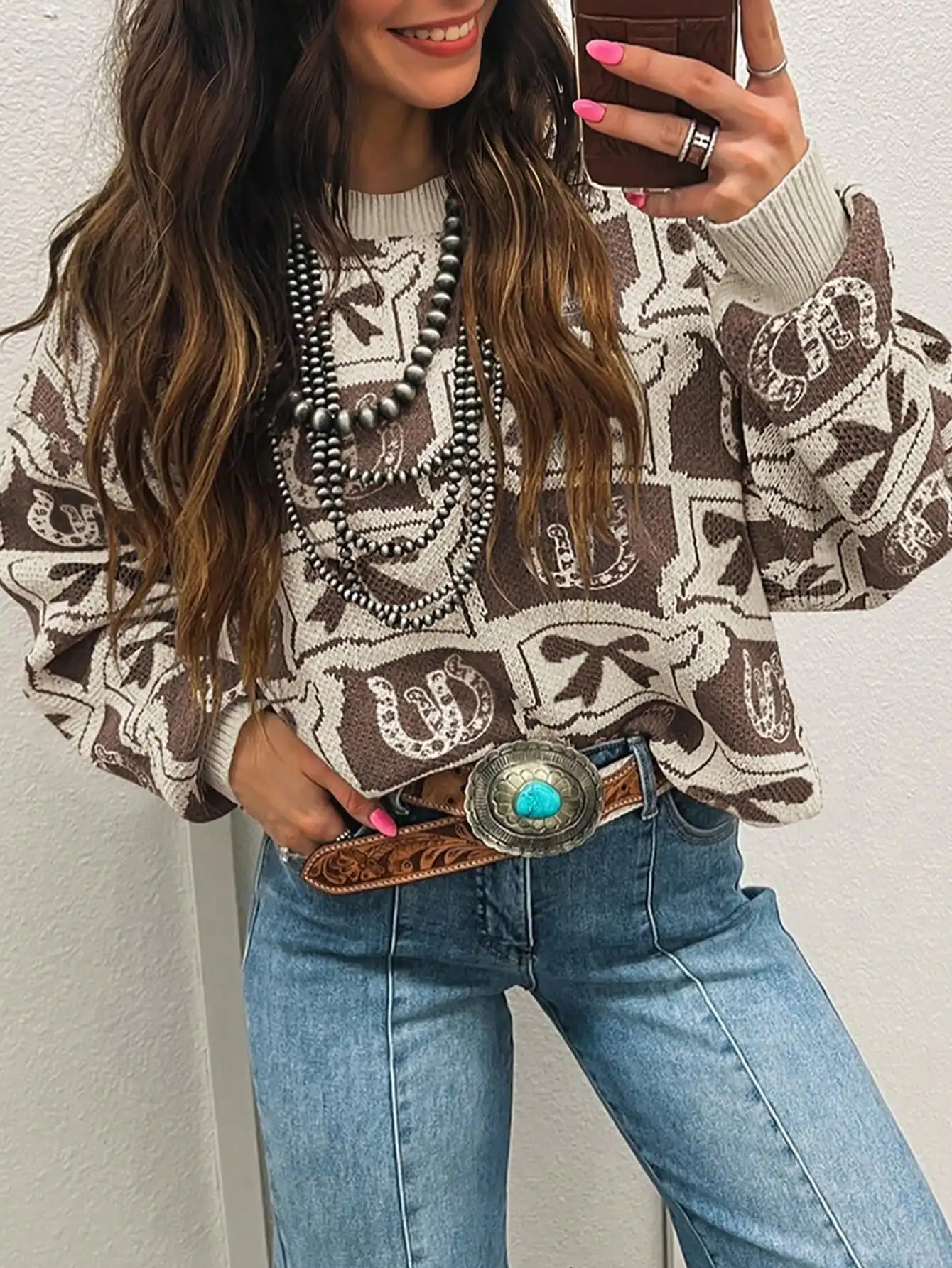 Women's Knit Pullover with Horseshoe & Bow Motif, Loose Fit, Winter Warm Sweater - AliExpress Sweaters&Jumpers