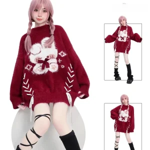 2025 Autumn Winter Women Christmas Sweater Thickened Red Rabbit Lace Up Y2k Harajuku Japanese Pullover Lace Up Y2k Bell Sleeve - AliExpress Sweaters&Jumpers