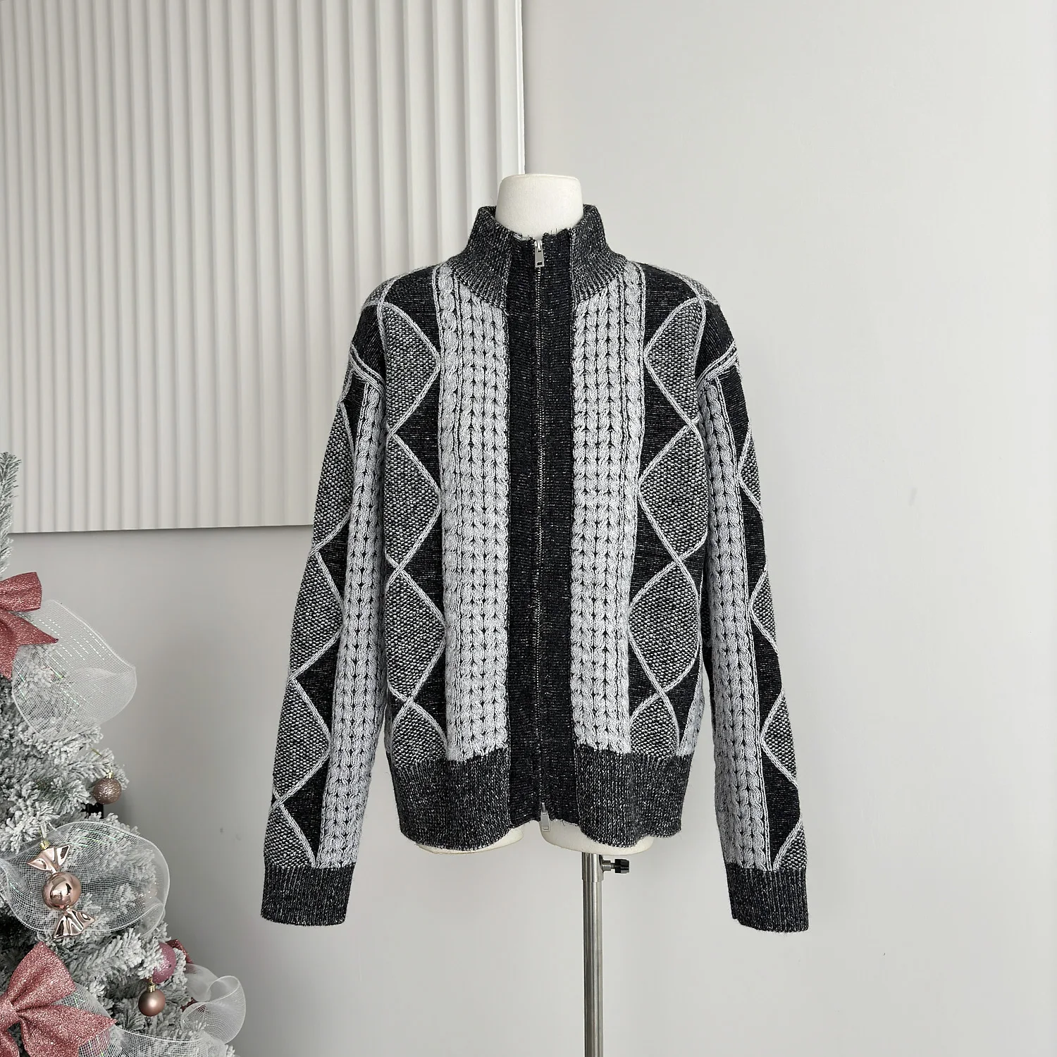 Women's Black and Gray Grid Crochet Fabric Zipper Half Turtle Neck Sweater Vintage 2000s American Street Warm Knitted Jacket Top - AliExpress Sweaters&Jumpers