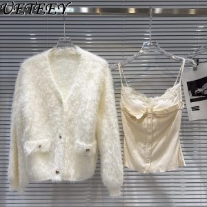 2025 Winter New Mohair Sweater Cardigan Coat Lace Trim Strap Knitted Vest 2-Piece Set Fashion Thickened Warm Long Sleeve Sweater - AliExpress Sweaters&Jumpers