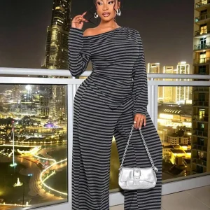 Plus Size Asymmetric Shoulder Striped 2 Piece Set with Wide Leg Pants for Autumn Winter Casual Wear - AliExpress Sweaters&Jumpers