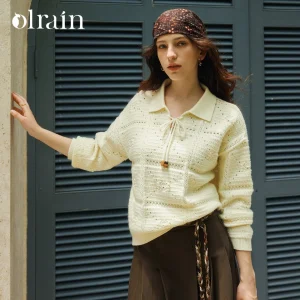 OLrain Women's French Sweaters Polo Collar Lace Up Pullovers 2026 Autumn Winter Loose Elegant Tops Female Clothing O57DZ002020 - AliExpress Sweaters&Jumpers