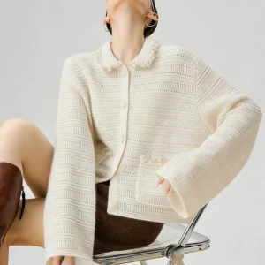 Retro Sle Knitted Open Cardigan Light Beige Hollow out Striped Top for Women Ele Casual Polyester Fiber Long Sve - AliExpress Sweaters&Jumpers