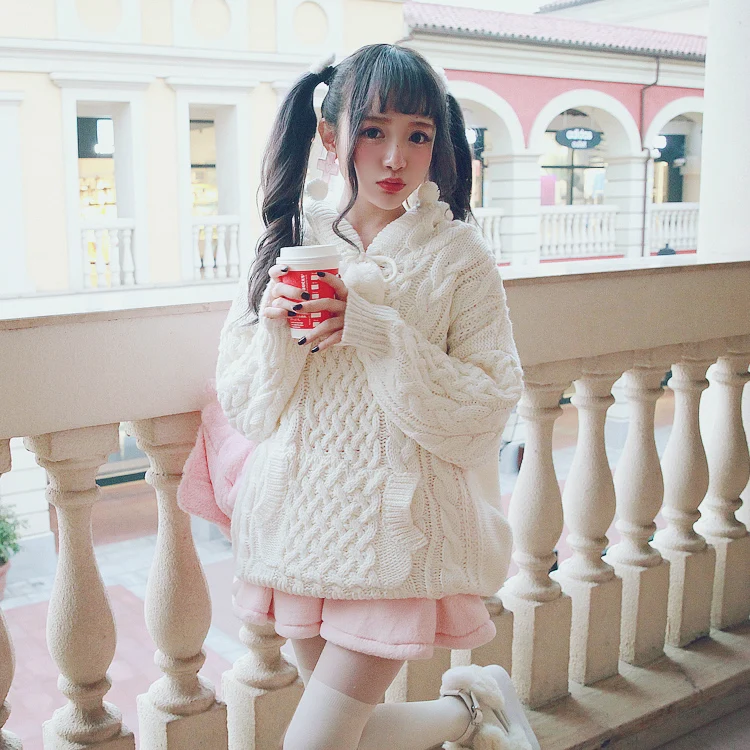 Princess sweet lolita student sweater BOBON21 White cherry hair ball twist thick coarse needle cap wool sweater T1428 - AliExpress Sweaters&Jumpers